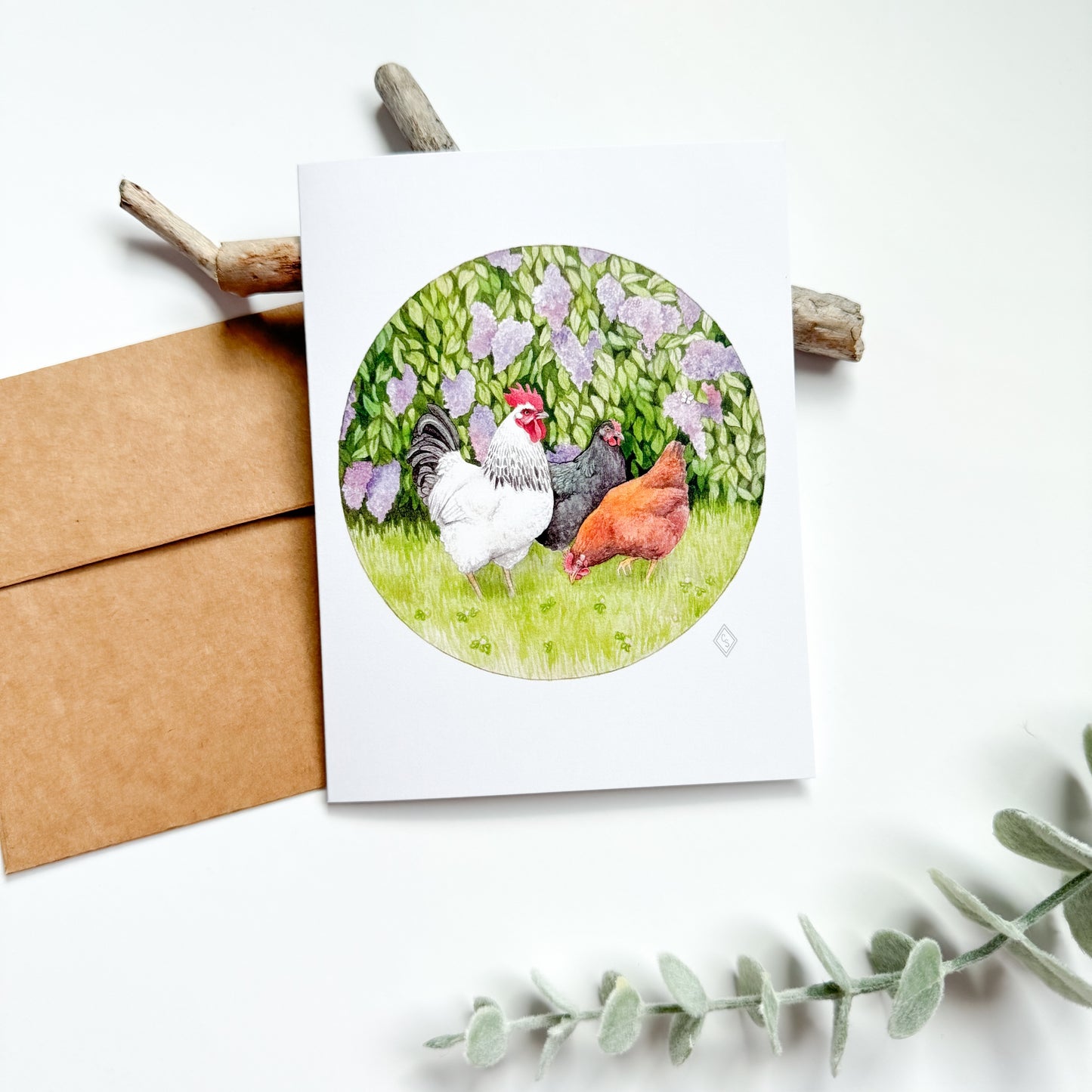 Chickens and Lilacs - Greeting Card