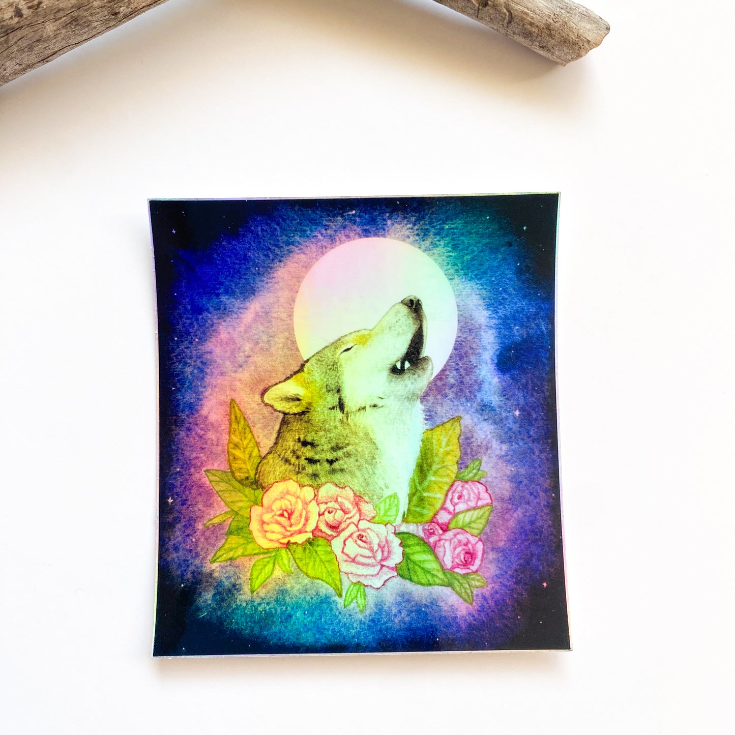 Holographic Howling Wolf Rectangle Sticker