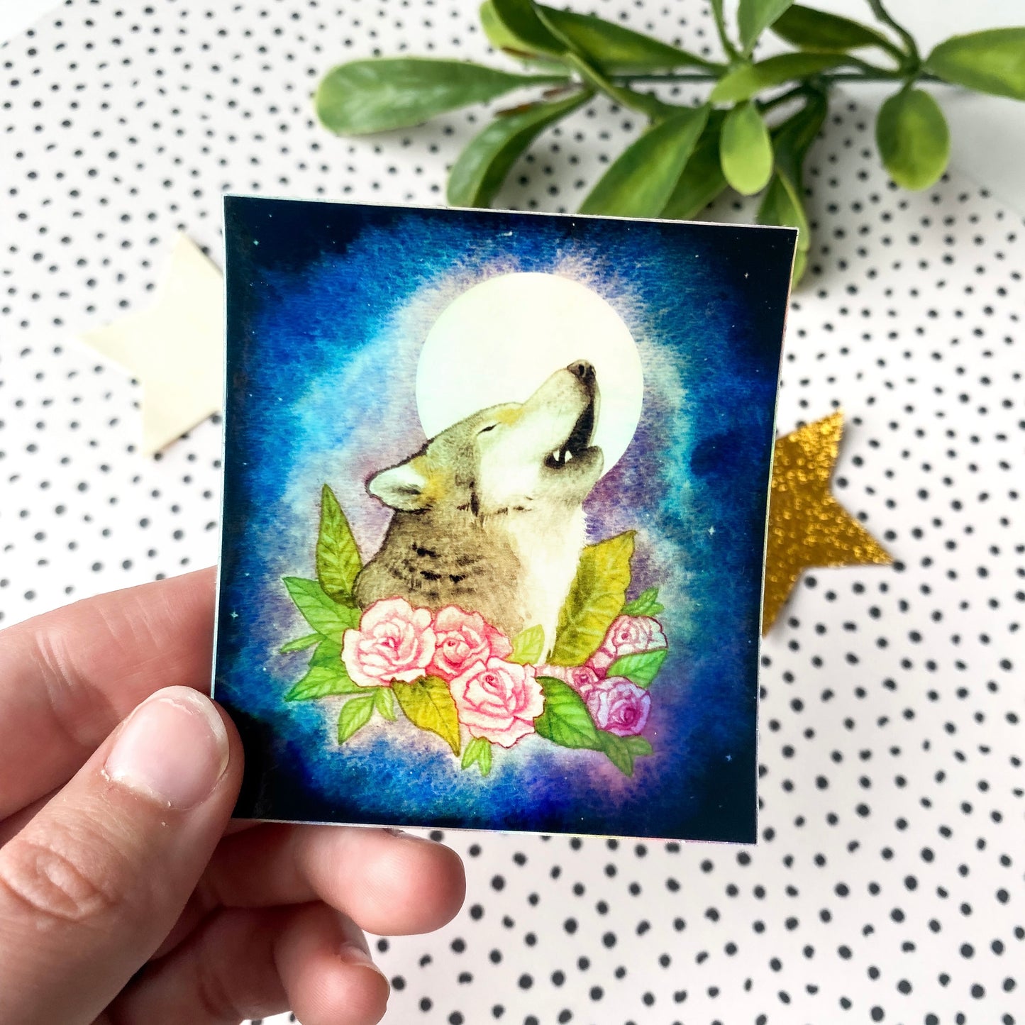 Holographic Howling Wolf Rectangle Sticker