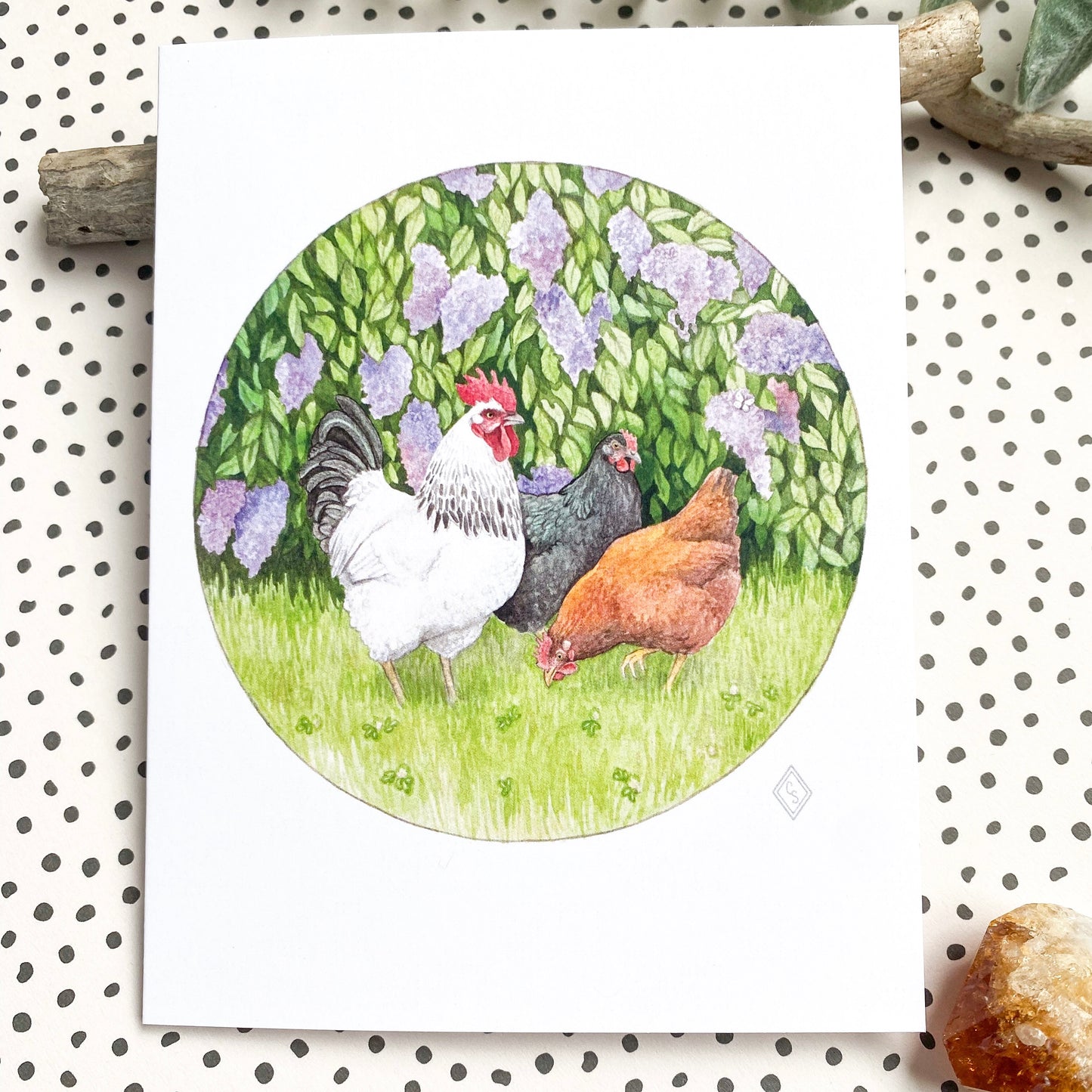 Chickens and Lilacs - Greeting Card