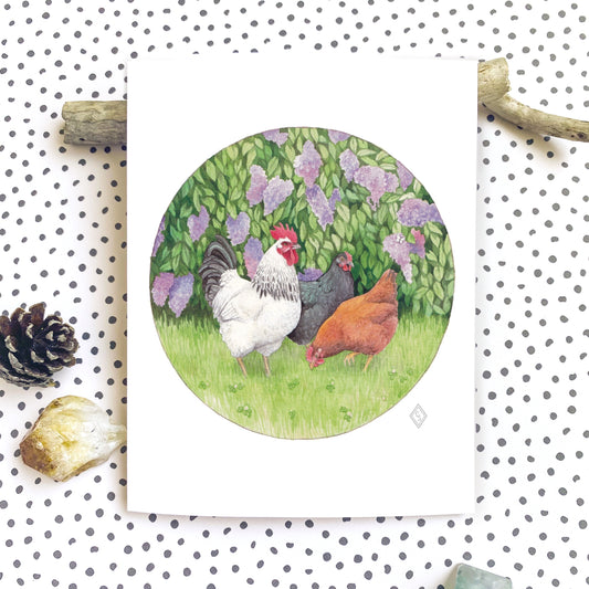 Chickens and Lilacs - Greeting Card