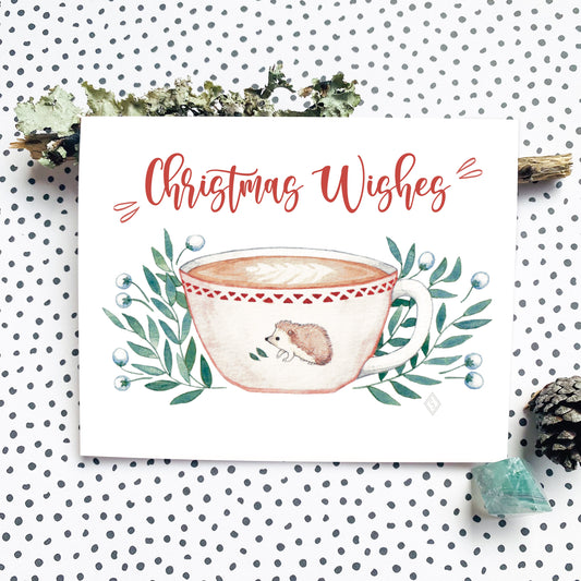 Hedgehog Coffee Cup - Christmas Greeting Card