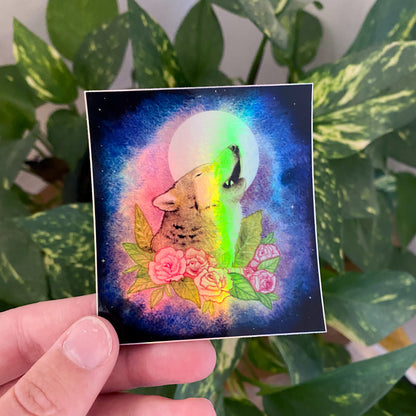 Holographic Howling Wolf Rectangle Sticker