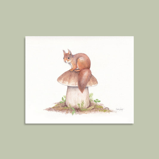 Red Squirrel and King Bolete Mushroom - Art Print
